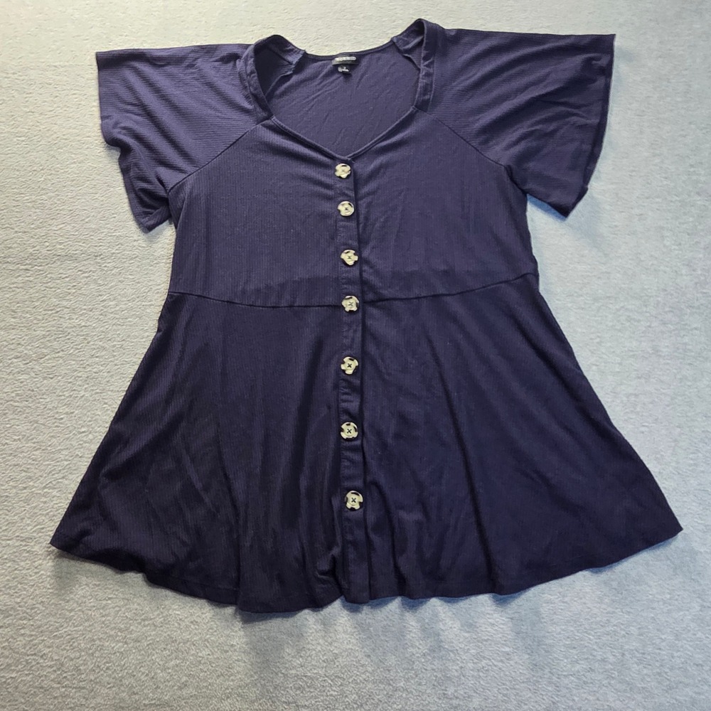 Torrid Womens 2 Navy Blue Button Front Babydoll Peplum Short Sleeve Top